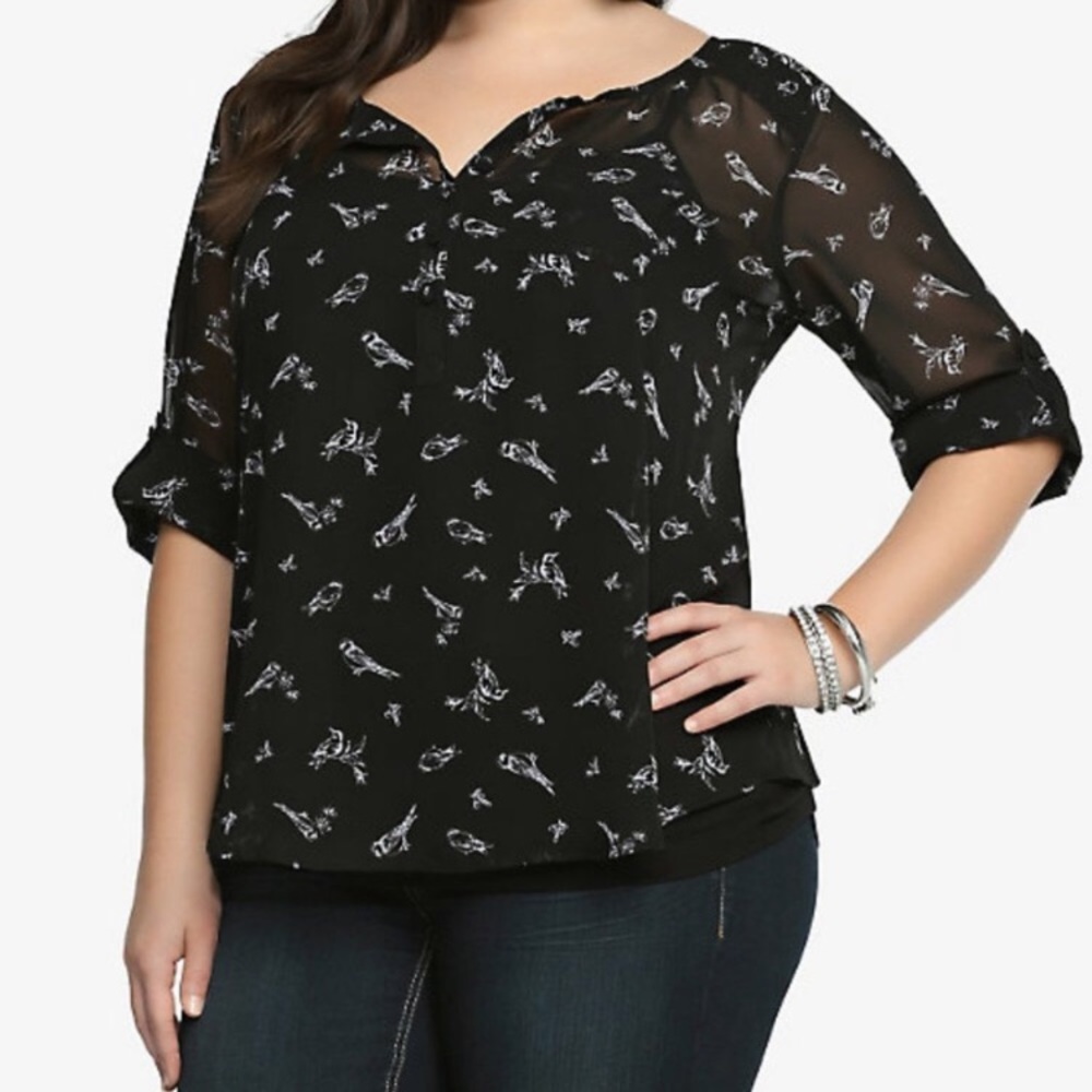 Sheer Patterned Blouse Half Button Up By Torrid - image 1